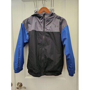 Under Armour Youth Large Hooded Windbreaker Jacket Gray Black Blue